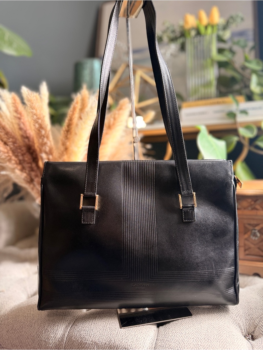Vintage Lanvin Paris Black Leather Geometric Pinstripe Tote Bag Made in Italy